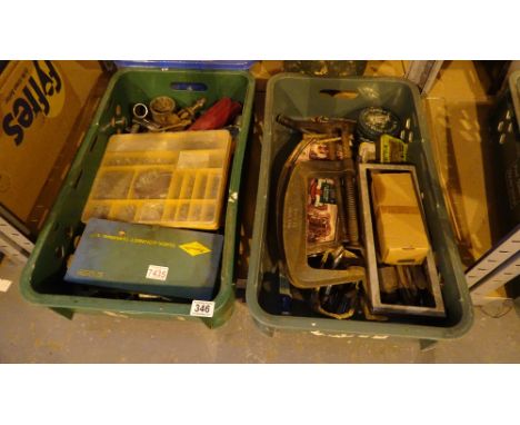 Two boxes of mixed tools including clamps