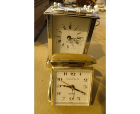 London Clock Co quartz chrome plated carriage clock and a travel alarm clock