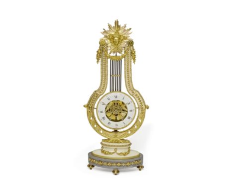 A late 18th century French ormolu mounted white- and grey-marble lyre clockLaguesse à Liege.The frame surmounted by the crisp