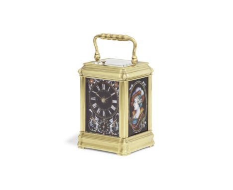 A fine and rare late 19th century French Limoges-panelled grande-sonnerie striking carriage clock of small size.  Together wi
