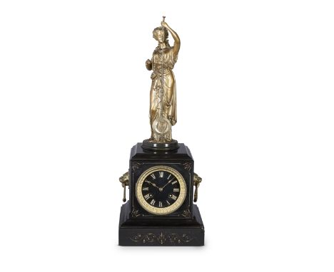 A late 19th century French slate and metal mystery 'swinger' clockGuilmet, No. 1968Surmounted by the cast figure of a young w