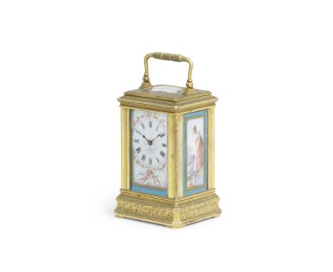 A rare late 19th century French engraved brass porcelain-panelled miniature carriage timepieceDrocourt, No. 2035Surmounted by