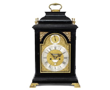 A mid 18th century ebonised quarter repeating table clockStephen Rimbault, LondonInverted caddy top with four urn finials and
