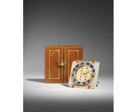 A very fine and rare early 20th century French pink- and yellow-gold, lapis-lazuli, agate and coral timepiece in the original
