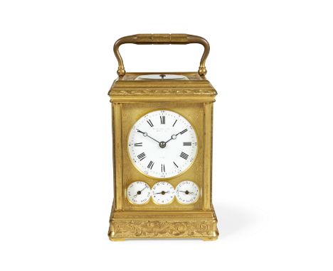 A rare late 19th century French grande-sonnerie striking engraved brass gorge-cased calendar carriage clock by Drocourt with 