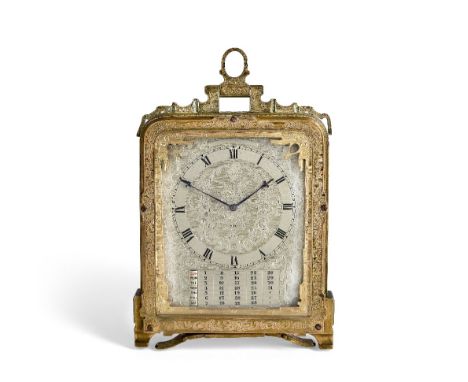 A good mid 19th century engraved gilt and silvered brass eight day strut clock with calendarAttributed to Thomas Cole, London