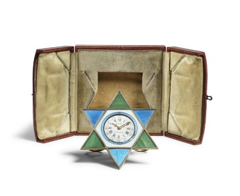 A good and rare early 20th century silver, enamel and agate boudoir timpiece in the original presentation caseCartier, number