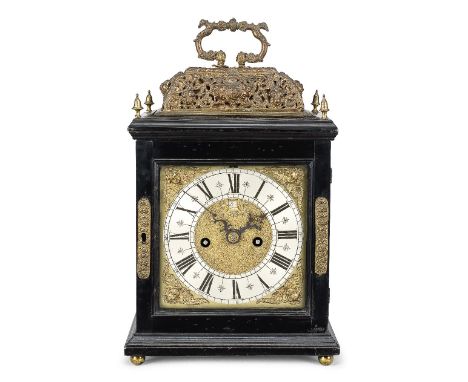 A rare late 17th century ebony basket top table clock with pull quarter repeatRobert Thompson, LondonSurmounted by a cast han
