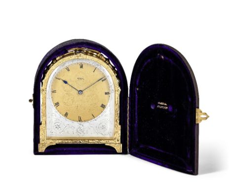 A fine and rare mid 19th century engraved gilt brass eight-day going humpbacked travel clock with original travelling case, i