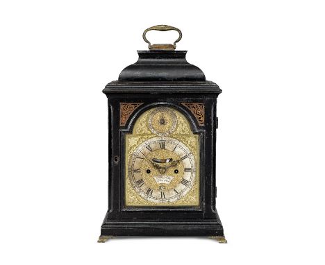 A second half of the 18th century ebony veneered table clockWilliam Bramble, Oxford StreetThe lacquered handle on an inverted