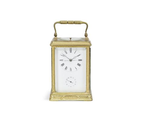 A rare late 19th century Swiss engraved brass centre seconds repeating carriage clock with alarm, made for the Chinese market
