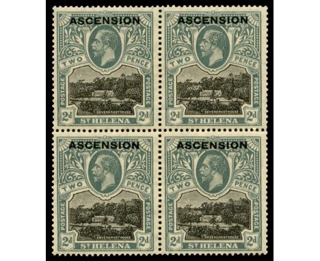 1922 Stamps of St Helena overprinted 'ASCENSION' 2d black and grey  block of four stamp 4 with Line through 'POSTAGE' (SG 4/a