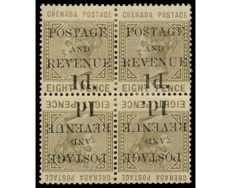 1888 'POSTAGE AND REVENUE 1d' (type 19) on 8d grey-brown, block of four giving two vertical tete-beche pairs, the lower left 