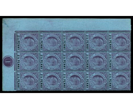 1904-08 2½d purple and black/blue lower left corner marginal block of fifteen (3 x 5) the lower left stamp variety Large '2' 