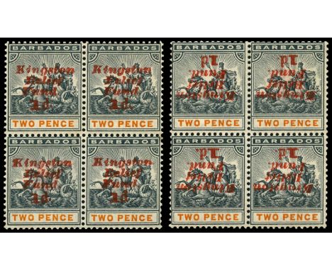 1907 '1d Kingston Relief Fund' (type 10) on 2d slate-black and orange, two blocks of four one with Inverted surcharge, both b