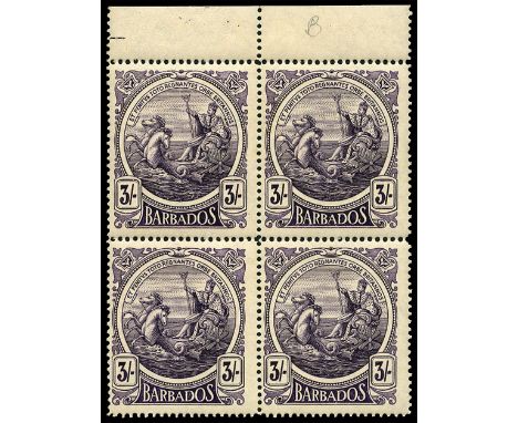 1916-19 3s deep violet (SG 191), upper marginal block of four with part printers guide line in margin, very light bend throug
