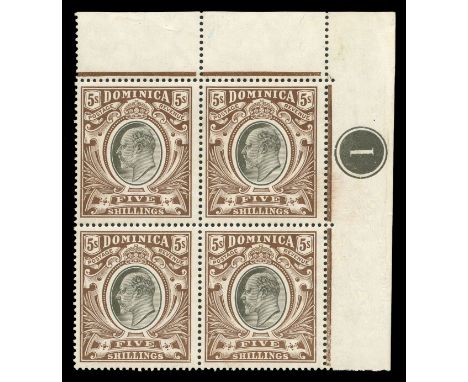 1908 5s black and brown (SG 46), top right corner plate '1' block of four, very light overall gum toning, fresh facially,fine