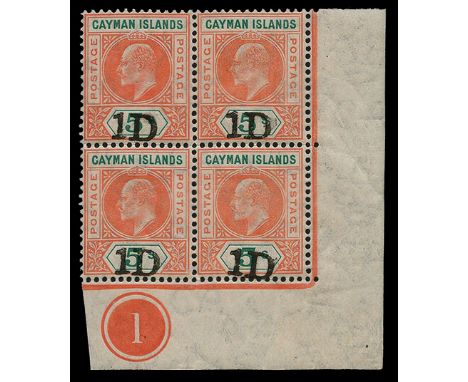 1907 1d (type 5) surcharge on 5s salmon and green (SG 19), lower right marginal block of four showing plate number '1' in mar