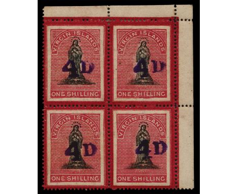 1888 4d (type 7) on 1s black and rose-carmine on white paper (SG 42d), upper right corner block of four, light gum toning and