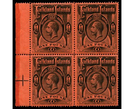 1912-20 £1 black/red (SG 69), left marginal block of four, usual light gum wrinkles, large part o.g., a few perf separated be