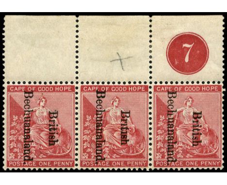 1893-95 1d carmine-red with overprint type 10 reading downwards, top marginal horizontal strip of thee, the first stamp varie