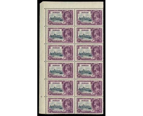 1935 Silver Jubilee 6d slate and purple upper left marginal block of twelve (2 x 12), the right stamp in the second row right