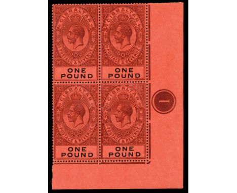 1912-24 £1 dull purple and black/red (SG 85), lower right corner marginal block of four with control '1' in margin, light ben