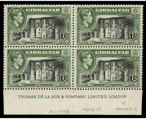 1938-51 1s black and green 'Southport Gate' perf 13 lower marginal block of four, the upper right stamp variety Broken 'R' po