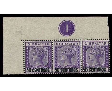 1889 50c 'CENTIMOS' (type 6) on 6d bright lilac upper left corner horizontal strip of 3, the middle stamp variety '5' with sh