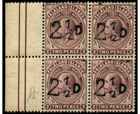 1928 '2½d' (type 12) on 2d purple-brown (SG 115), left marginal block of four, small h/s on each, light overall gum toning, t