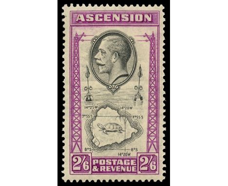 1934 2s6d 'Ascension Island' black and bright purple,  showing the Teardrop flaw, pos. 4/5 (SG 29a), light overall gum toning