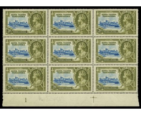 WITHDRAWN 1935 20c light blue and olive-green' Silver Jubilee', two similar lower marginal blocks of nine with plate number '