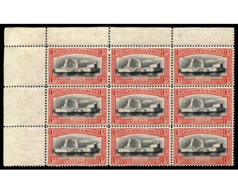 1933 Centenary 1d 'Iceberg' black and scarlet, upper left corner block of nine the top right stamp variety Thick serif to '1'