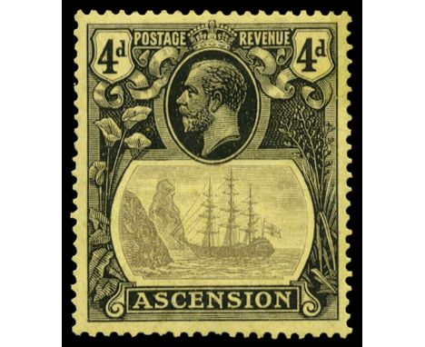 1924-33 Badge of St Helena 4d grey-black and black/yellow, variety Cleft rock, pos. 5/1 (SG 15c ), a couple of shortish perfs