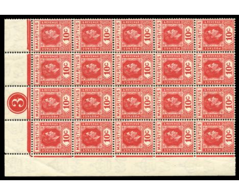 1938-49 10c rose-red upper left corner block of twenty (4 x 5)  left, the fourth stamp on the left row variety Sliced 'S' at 