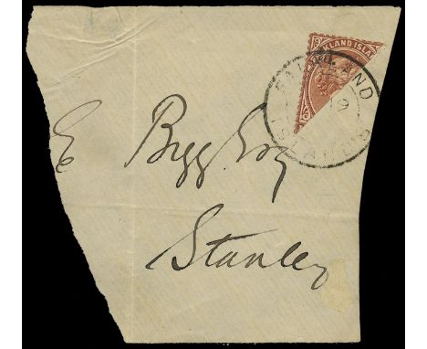 1891 Provisional issue, ½d on half of 1d brownish-claret (SG 13), tied to small part of envelope front by light 'FALKLAND ISL