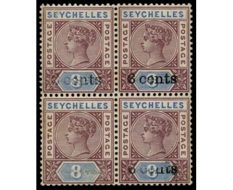 1902 '6 cents' (type 6) on 8c brown-purple and ultramarine, block of four with various degrees of the surcharge, from the low