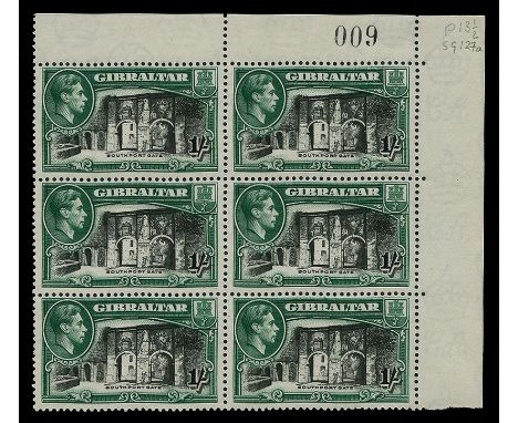 1938-51 1s 'Southport Gate' perf 13½ (SG 127/a), upper right corner block of six (2x3) with plate number '009', hinged in top