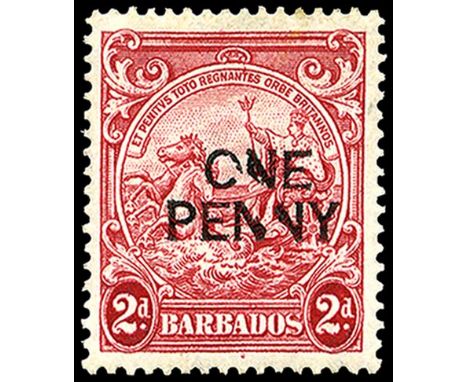 1947 'ONE PENNY' (type 22) on 2d carmine perf 14 left marginal block of ten (2 x 5) the fourth stamp in the top row variety B