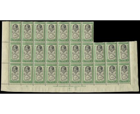 1934 1d black and emerald 'Ascension Island', lower marginal irregular block of twenty seven with margins at left and right, 