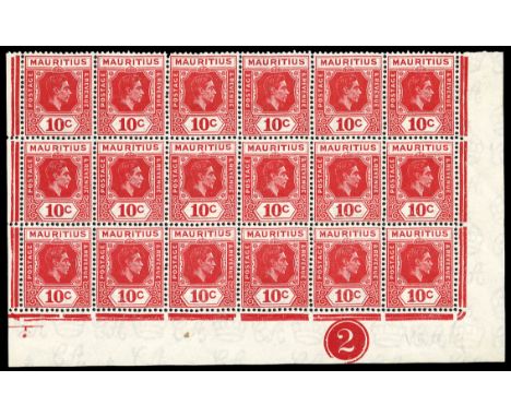 1938-49 10c deep reddish rose lower right corner block of eighteen (6 x 3) with inter pane margin at left, stamp 4 variety Sl