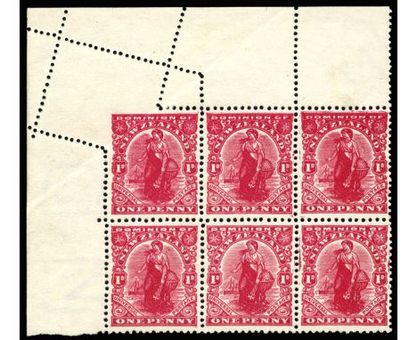 1909-27 Universal Postage 1d three multiples comprising (Jones) upper left corner block of six (3 x 2) with mis-perforation i