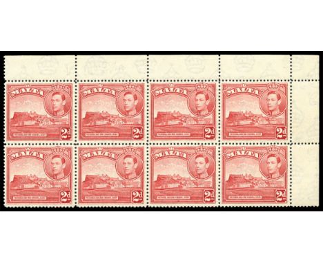 1938-43 2d scarlet 'Victoria and Citadel, Gozo' upper right corner marginal block of eight (4 x 2) the lower left stamp varie