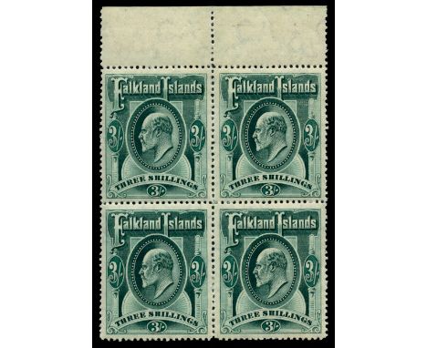 1904-12 3s green (SG 49), top marginal block of four, light corner crease on stamp 4 this and others with minor gum wrinkles,