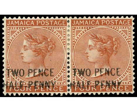 1890 'TWO PENCE/HALF PENNY' (type 12) on 4d red-brown horizontal pair the right stamp 'PFNNY' for 'PENNY' and broken 'K' for 