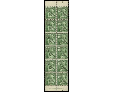 1948-53 'SELF-GOVERNMENT' ½d green, block of twelve (2 x 6) being the fifth and sixth columns of a sheet with top and lower m
