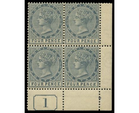 1886-90 4d grey in lower right corner plate '1' block of four, the lower right stamp variety Malformed "CE" in "PENCE", pos. 