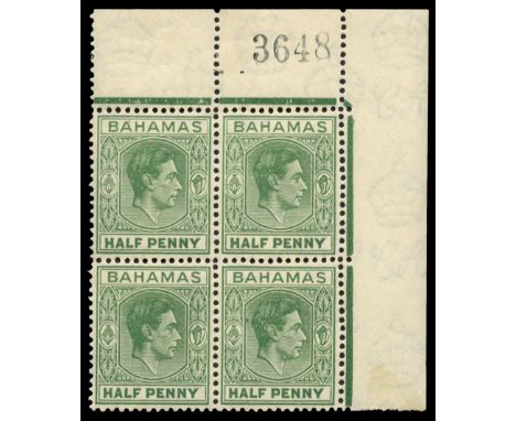 1938-52 ½d green upper right corner block of four, the top left stamp with the Accent flaw, pos. 1/5 from the right pane (SG 