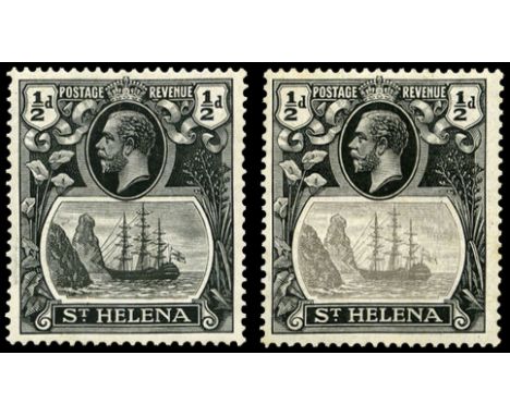 1922-37 Watermark script 'CA' ½d grey and black, two singles with varieties Broken mainmast and Torn flag, pos. 2/1 and 4/6 r