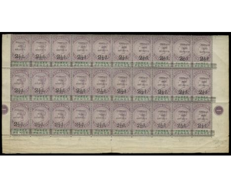 1897 '2½d' (types 8, 10, 11 and 12) on Fiscal 3d dull purple and green (SG 55-62), complete setting of thirty ( 10 x 3) with 